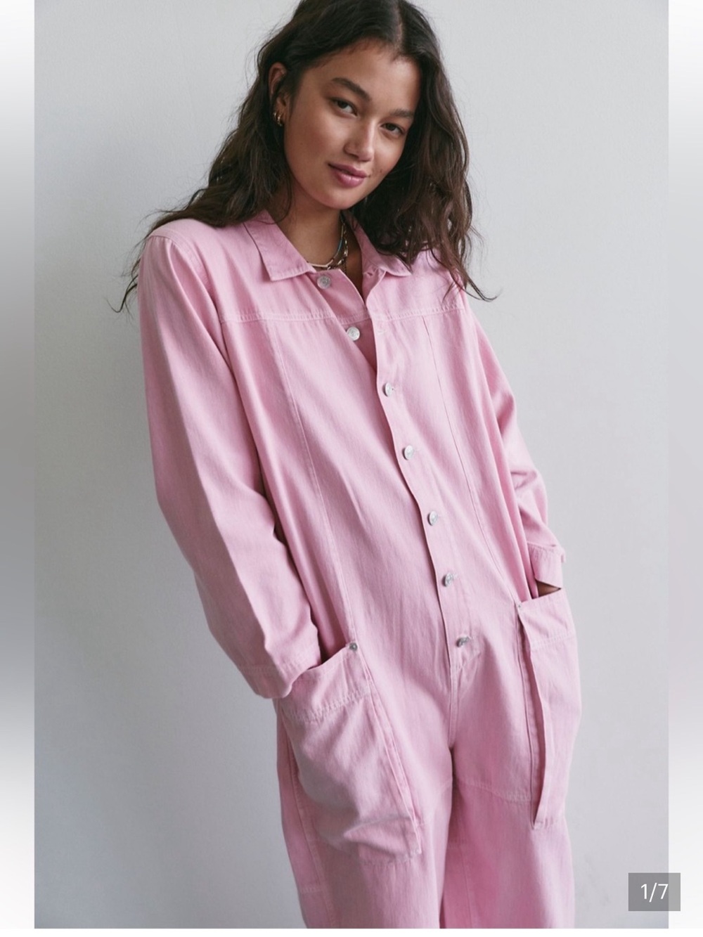 Free People Pink Button-Front Utility Jumpsuit